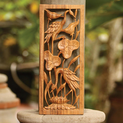 Herons in a Lotus Pond Hand Made Suar Wood Bird Relief Panel