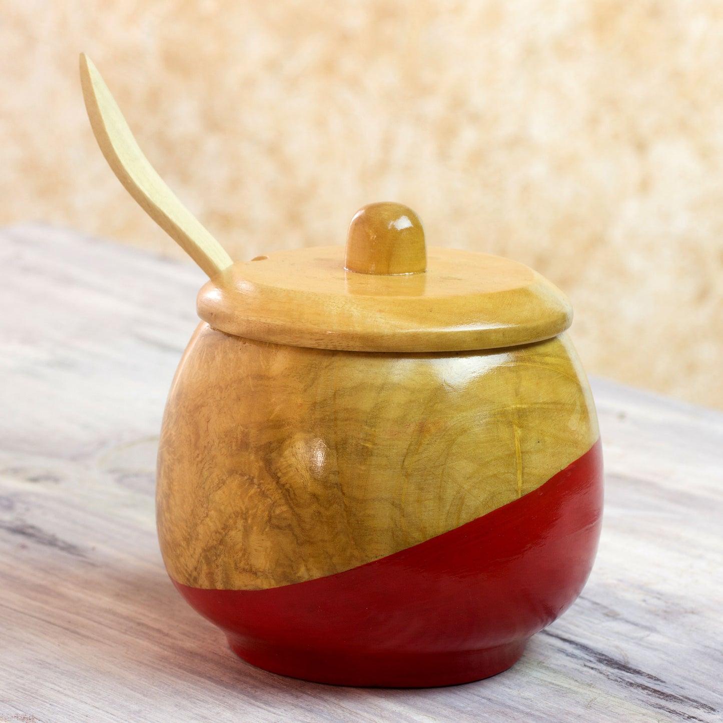 Sweet Red Dip Painted Hand Carved Wood Sugar Bowl