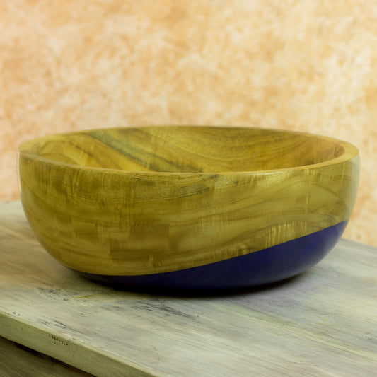 Spicy Blue Dip Painted Hand Carved Wood Bowl (large)