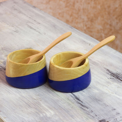 Spicy Blue Salsa Bowls and Spoons Hand Crafted (pair)