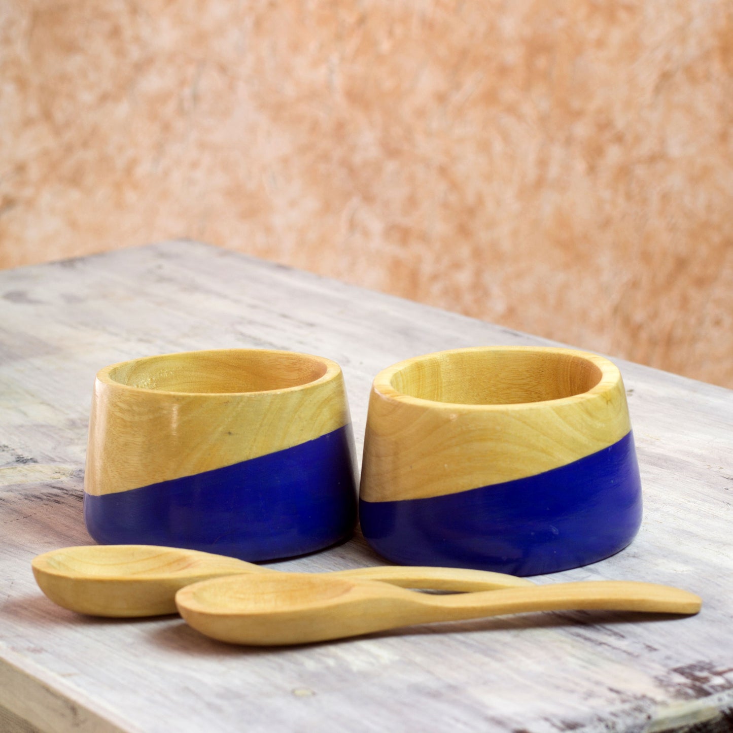 Spicy Blue Salsa Bowls and Spoons Hand Crafted (pair)