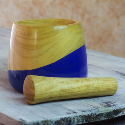 Spicy Blue Dip Painted Hand Carved Wood Mortar