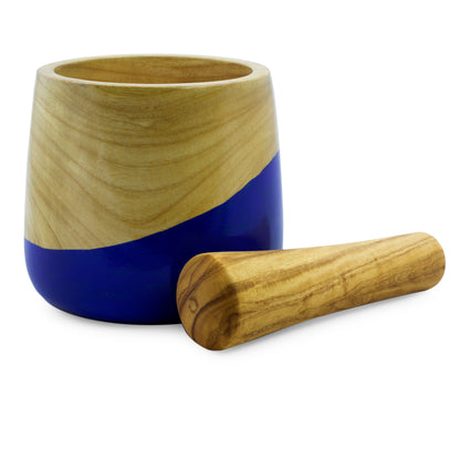 Spicy Blue Dip Painted Hand Carved Wood Mortar