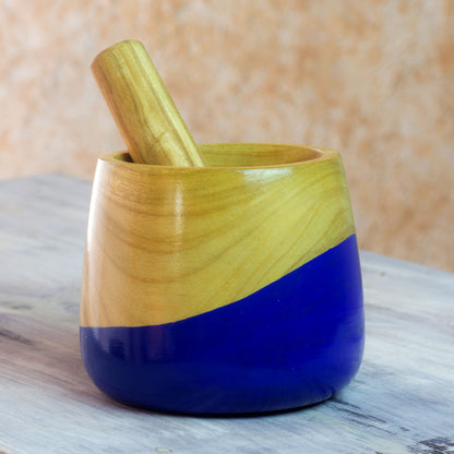 Spicy Blue Dip Painted Hand Carved Wood Mortar