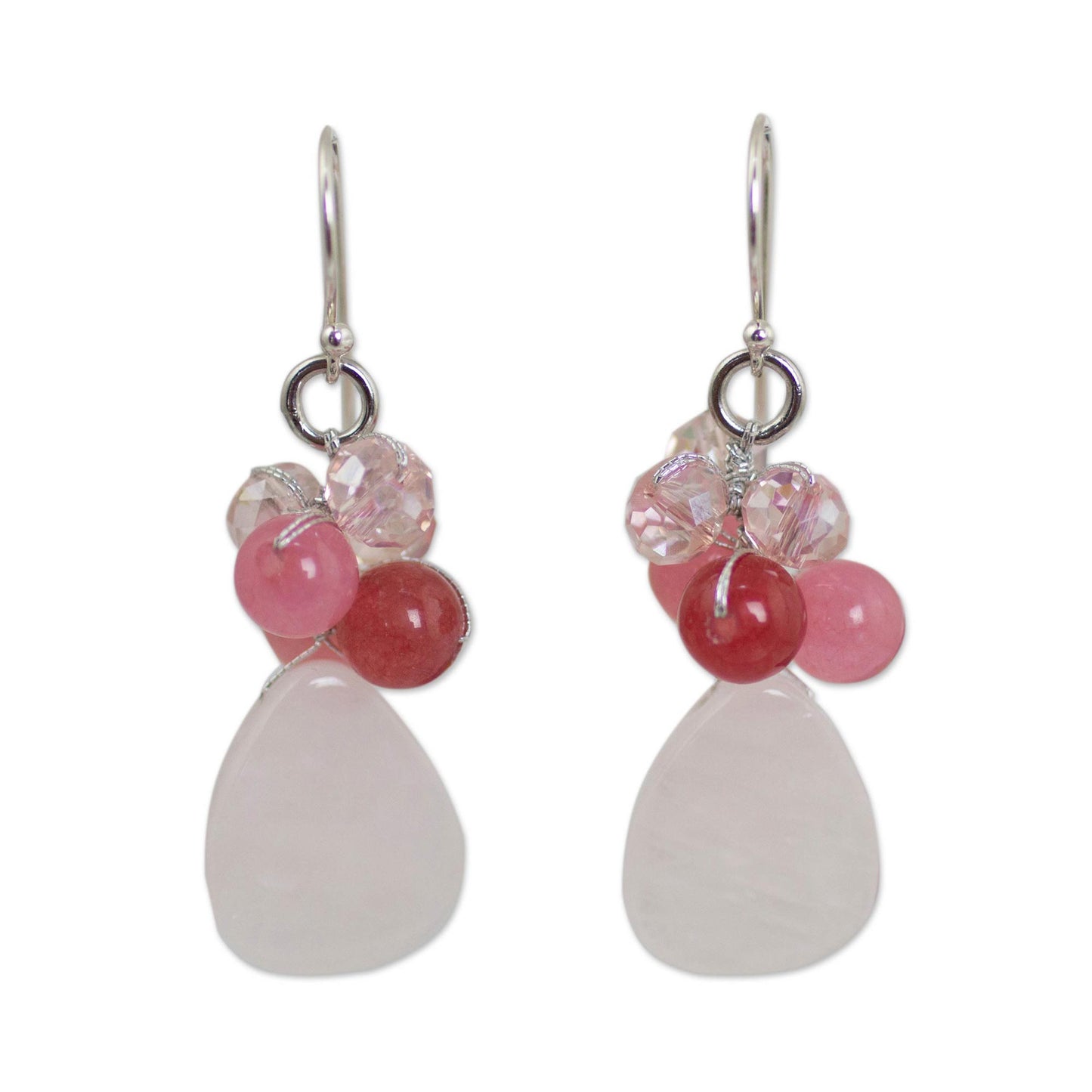 Pink Rose Quartz Silver Beaded Earrings