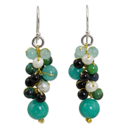 Verdant Vineyard Thai Pearl Green Agate Quartz Cluster Earrings