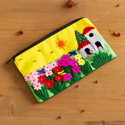 Sunny Afternoon Andean Folk Art Cotton Applique Cosmetic Case