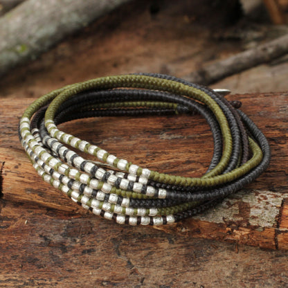 Karen Khaki Chic Brown Khaki Grey Wrap Bracelet with Silver Accents