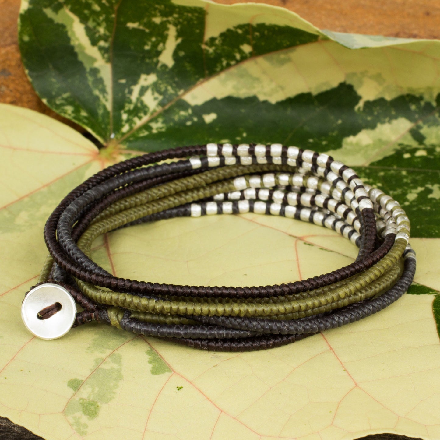 Karen Khaki Chic Brown Khaki Grey Wrap Bracelet with Silver Accents