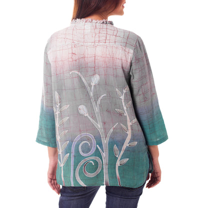Purple Bird Green & Purple Cotton Batik Tunic