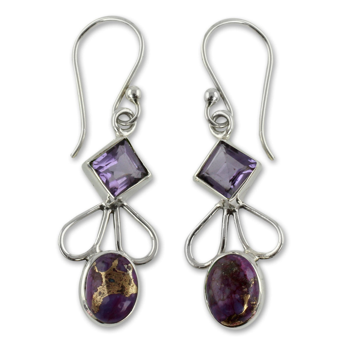 Bollywood Purple Amethyst Comp Turquoise and Silver Artisan Crafted Earrings