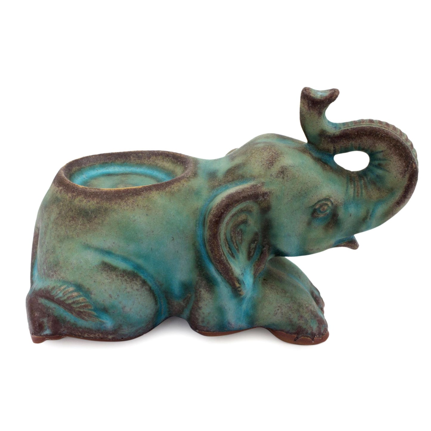 Reclining Turquoise Elephant Celadon Ceramic Tea Light Holder from Thailand