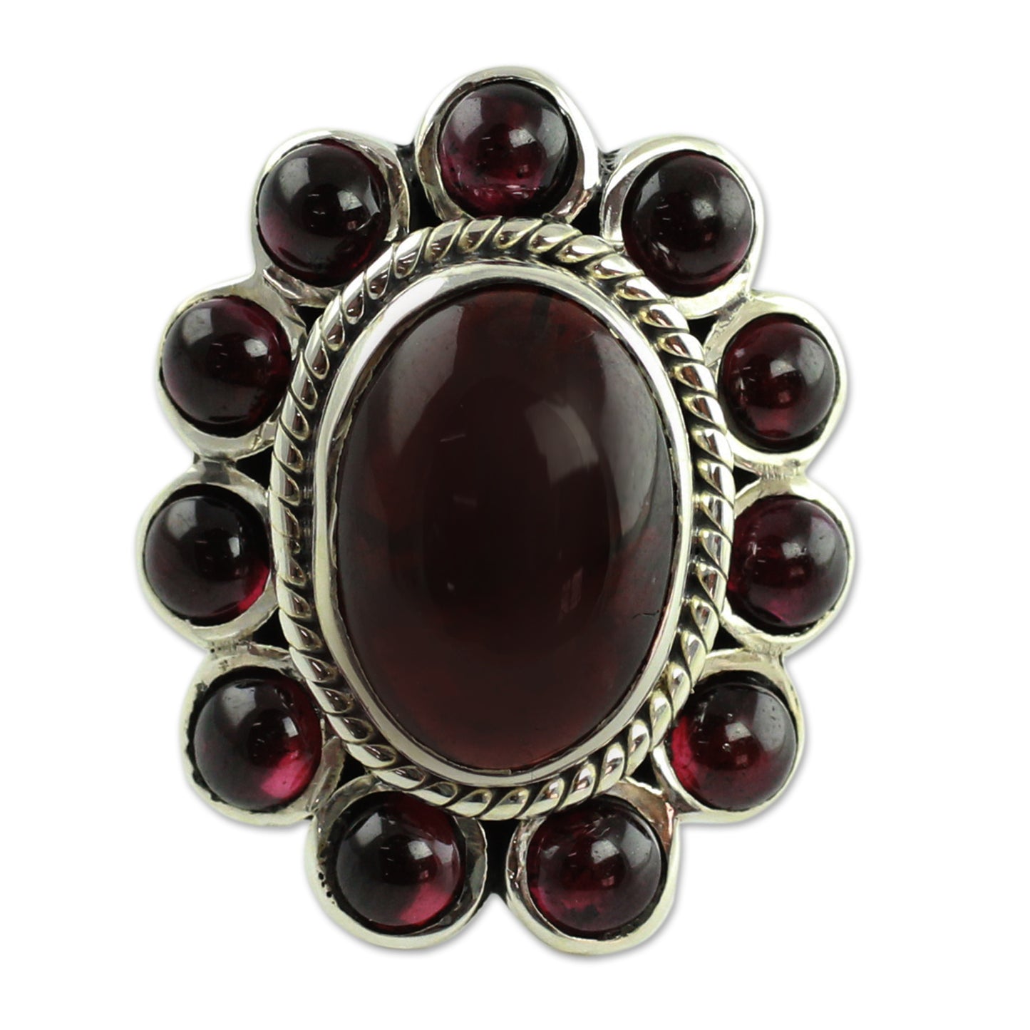 Scarlet Petals Floral Jewelry Sterling Silver and Garnet Ring