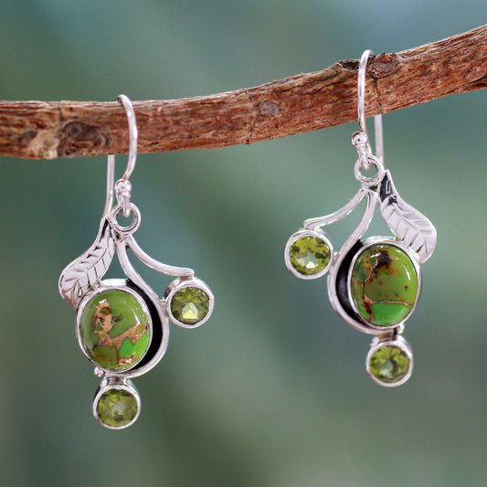 Dew Blossom Green Turquoise and Peridot Earrings from India