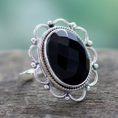 Midnight Blossom Onyx and Sterling Silver Flower Ring from India