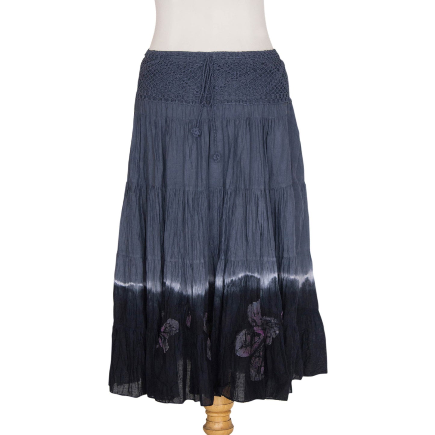 Grey Boho Chic Long Cotton Batik and Crochet Skirt from Thailand