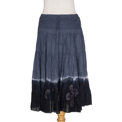 Grey Boho Chic Long Cotton Batik and Crochet Skirt from Thailand