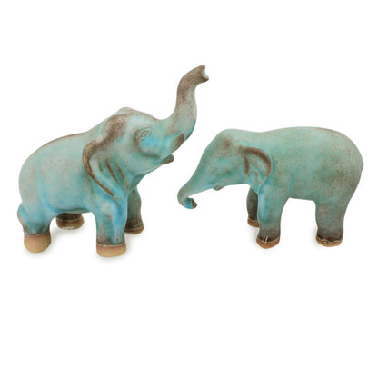 Thai Greetings Artisan Crafted Ceramic Figurines Blue Elephants (pair)