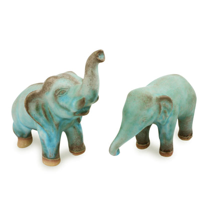 Thai Greetings Artisan Crafted Ceramic Figurines Blue Elephants (pair)