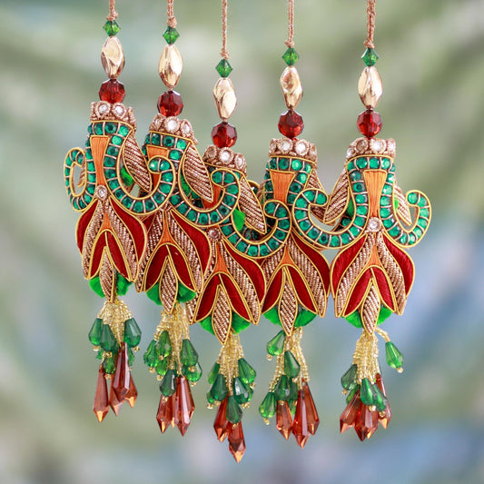 Mughal Tulips Embroidered Beaded Ornaments from India (set of 5)