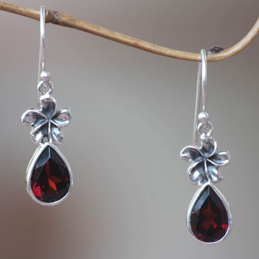 Plumeria Dew Garnet & Silver Dangle Earrings