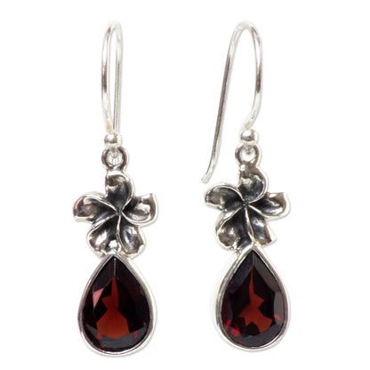 Plumeria Dew Garnet & Silver Dangle Earrings