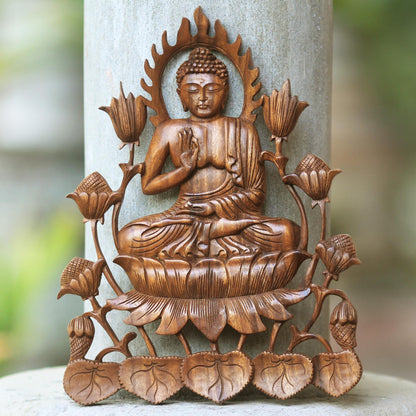 Enlightened Buddha Balinese Hand Carved Buddha Relief Panel