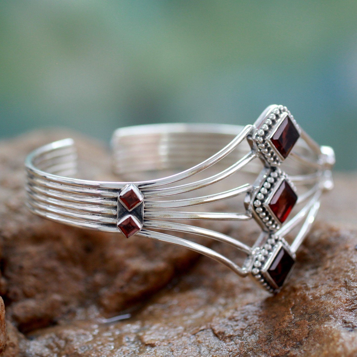 Garnet & Sterling Silver Cuff Bracelet