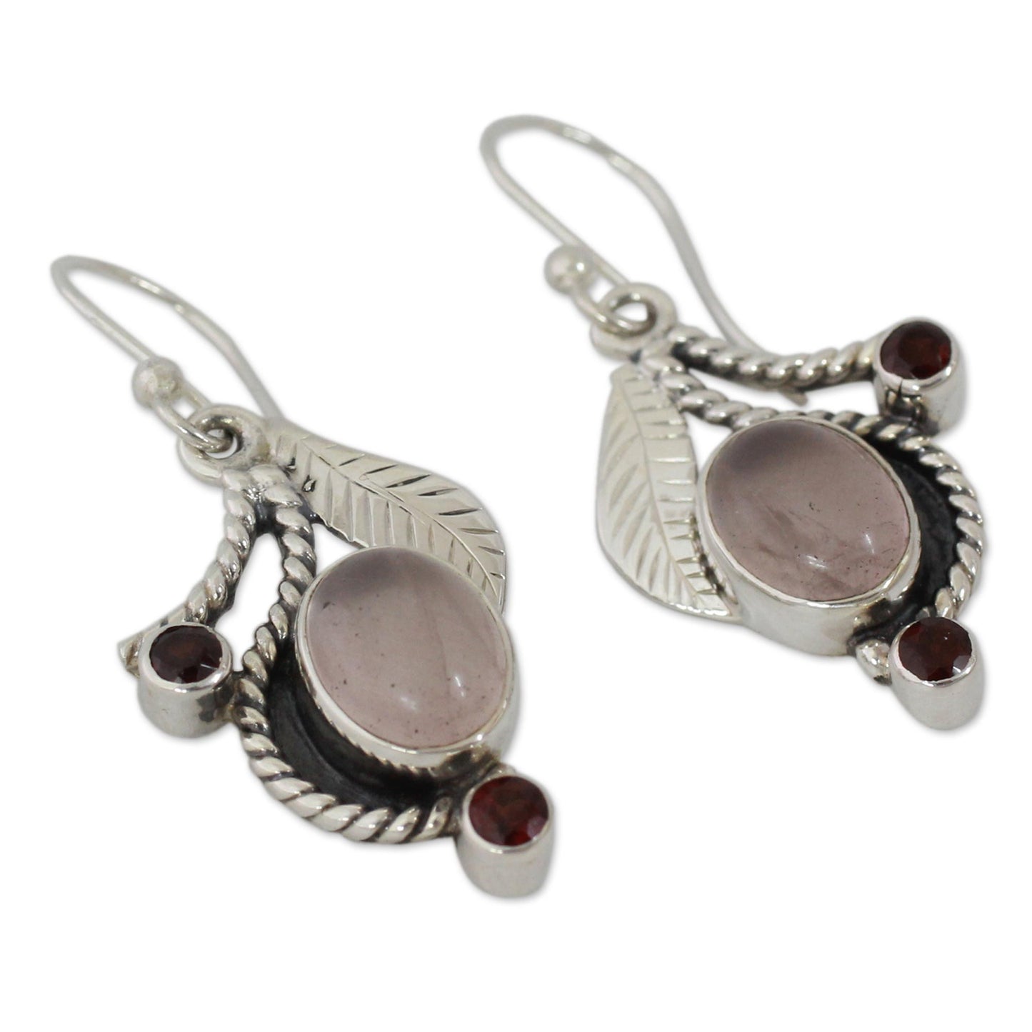 Dew Blossom Handmade Earrings Rose Quartz and Garnet from India