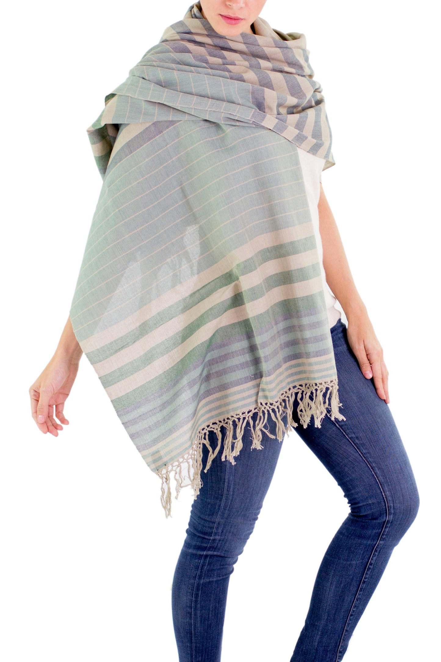 Verdant Comalapa Breeze Handwoven Striped Cotton Shawl