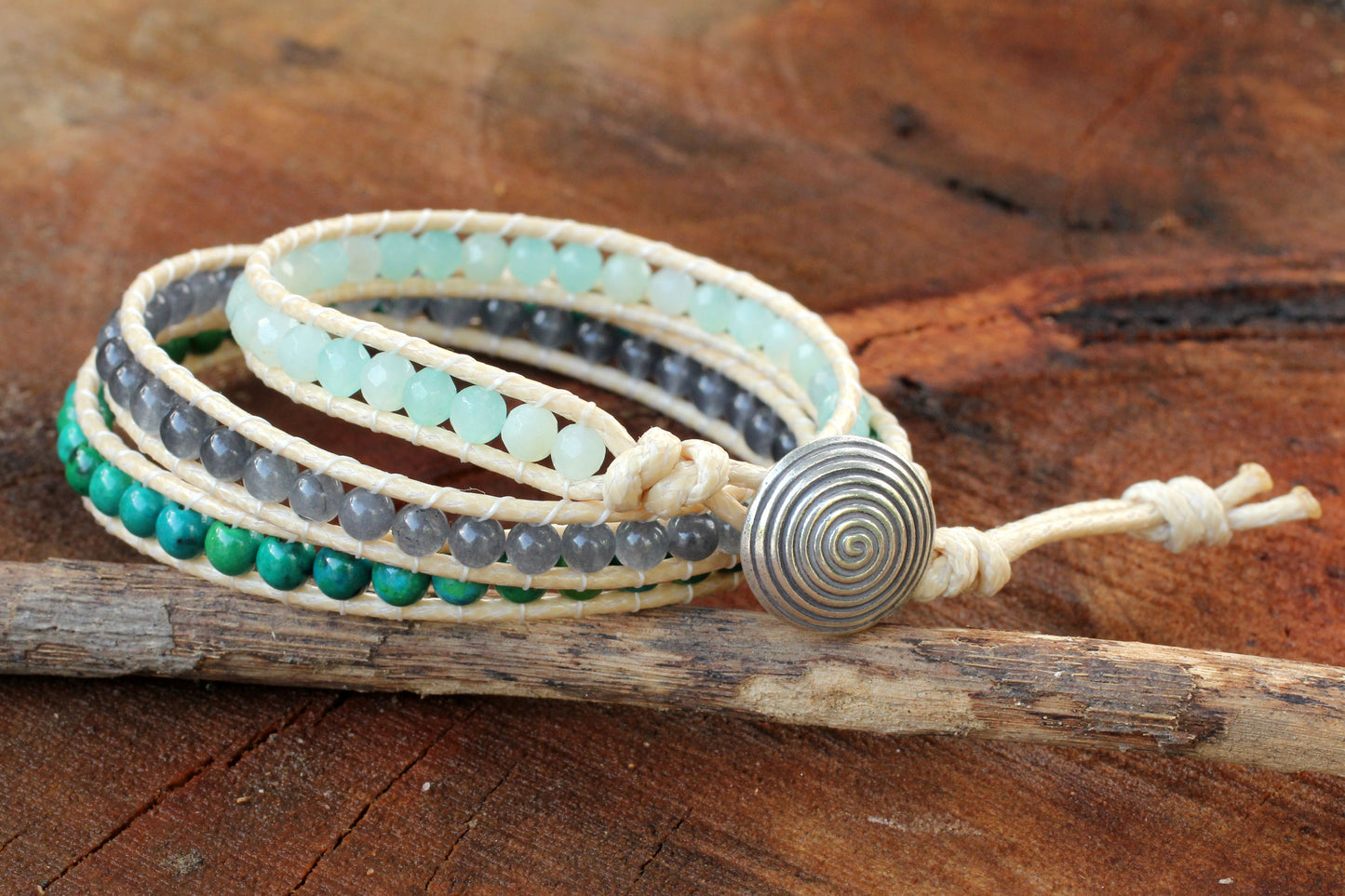 Beautiful Day Thai Hand Knotted Amazonite and Quartz Wrap Bracelet