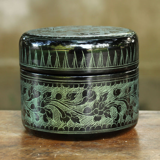 Exotic Green Flora Handcrafted Lacquered Wood Round Decorative Box