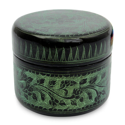 Exotic Green Flora Handcrafted Lacquered Wood Round Decorative Box