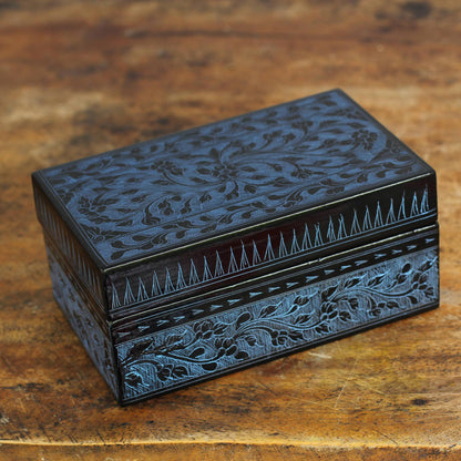 Blue Thai Fantasy Floral Decorative Box in Handcrafted Lacquered Wood