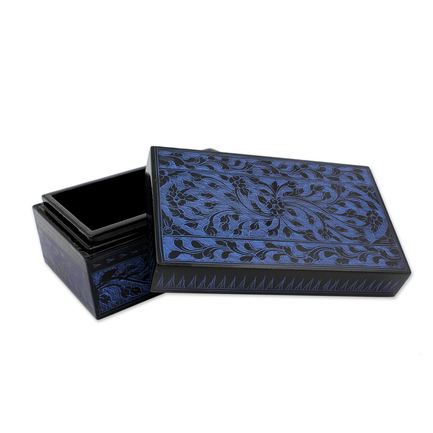 Blue Thai Fantasy Floral Decorative Box in Handcrafted Lacquered Wood