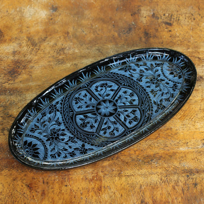 Floral Medallion Blue on Black Lacquered Catchall Tray