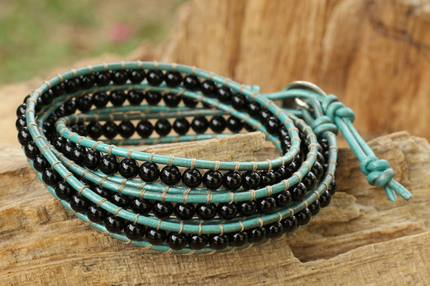 Inner Balance Onyx and Leather Wrap Bracelet Thai Artisan Jewelry