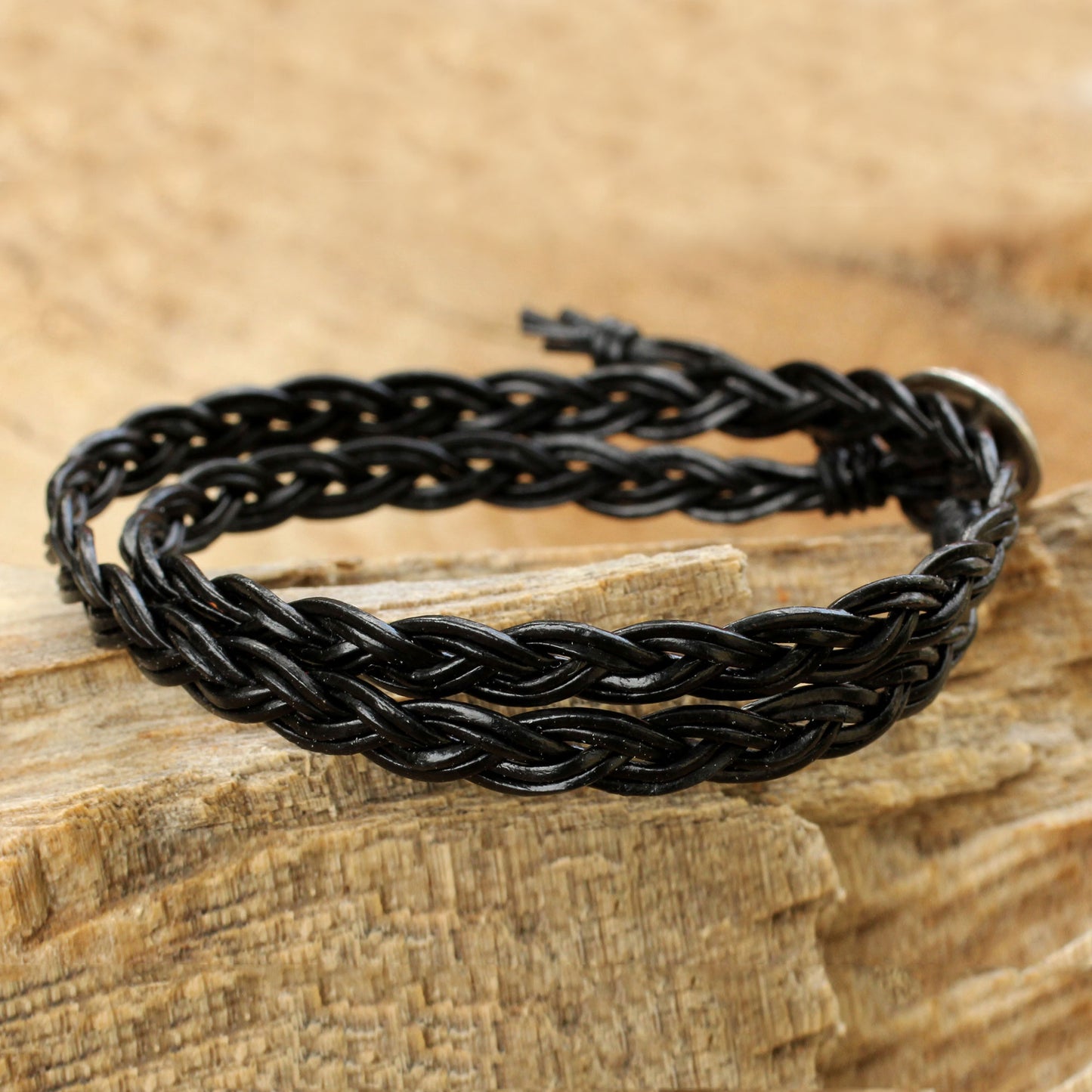 Black Braid Black Braided Leather Bracelet with Hill Tribe Silver