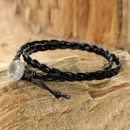 Black Braid Black Braided Leather Bracelet with Hill Tribe Silver