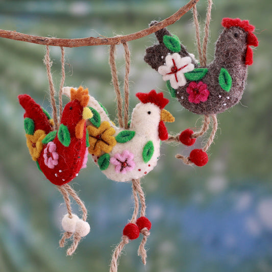 Three French Hens Handcrafted Wool Felt Ornaments from India (set of 3)