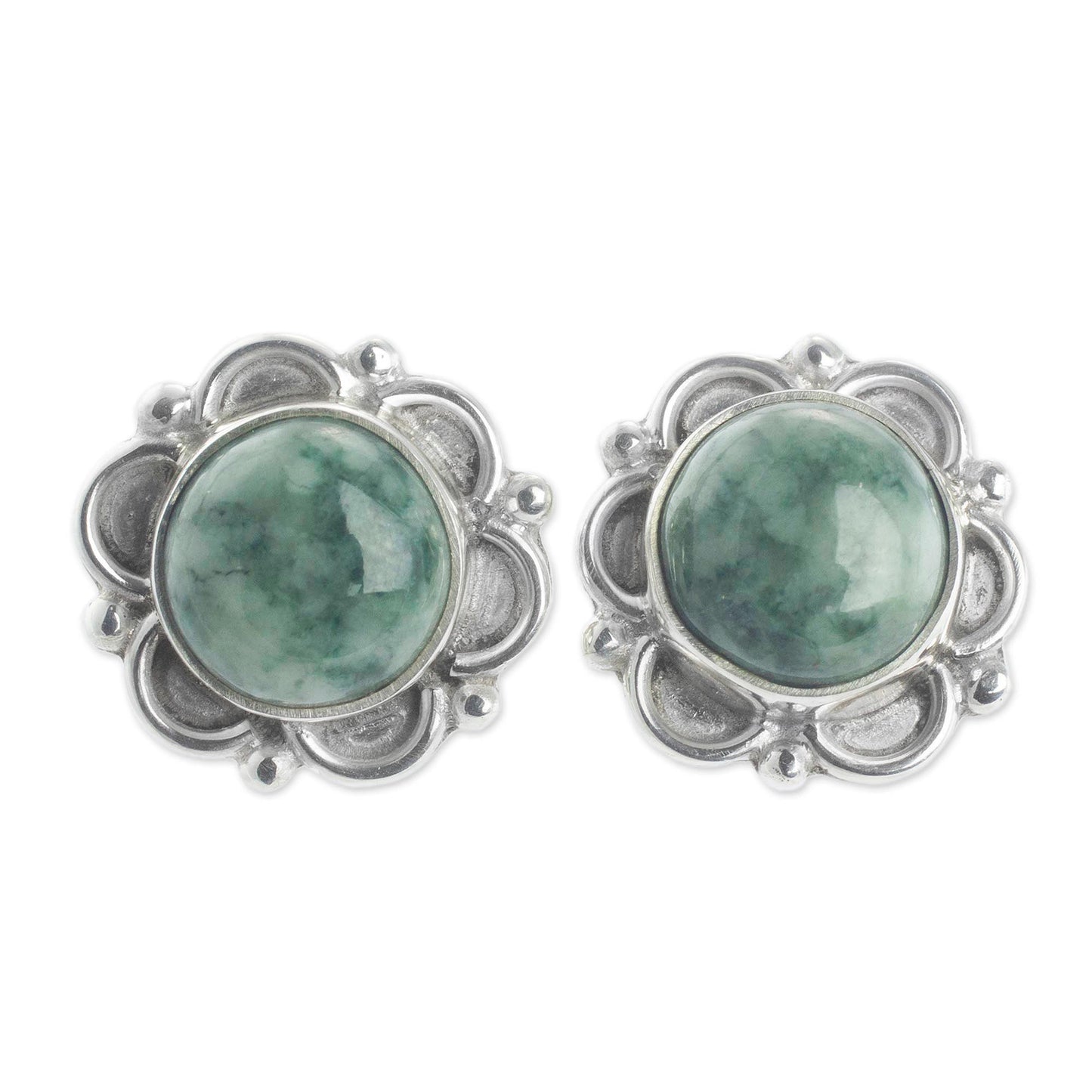 Forest Princess Jade & Silver Button Earrings