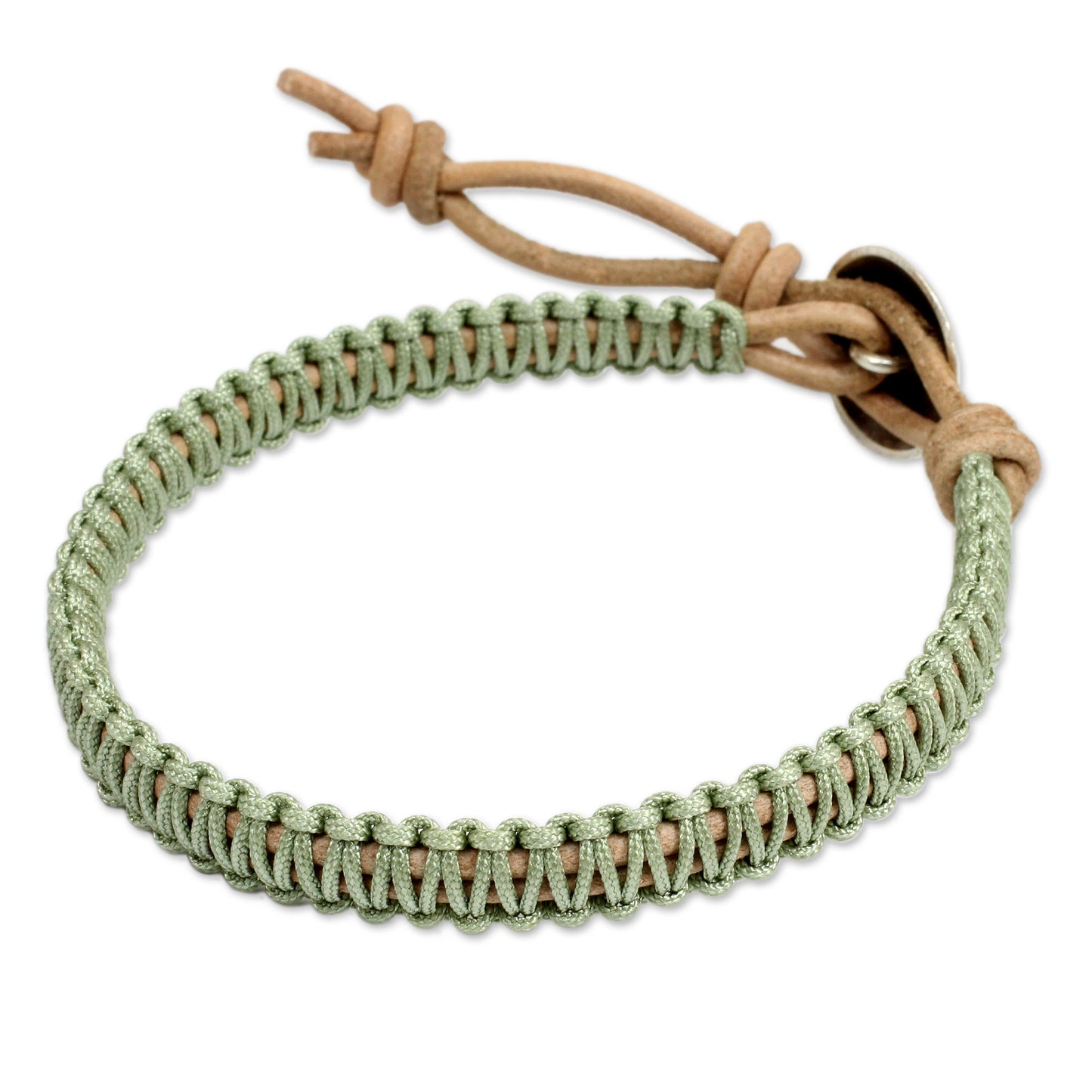 Hemlock Suns Silver Button and Pale Green Macrame on Leather Bracelet