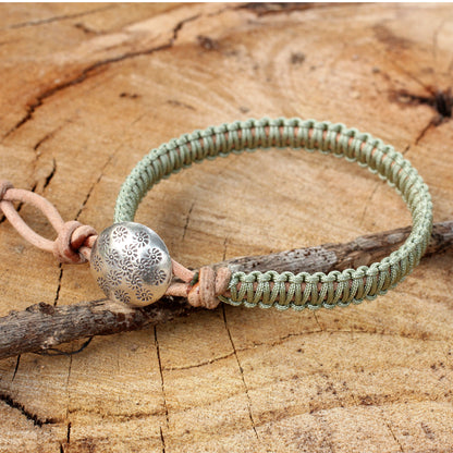 Hemlock Suns Silver Button and Pale Green Macrame on Leather Bracelet