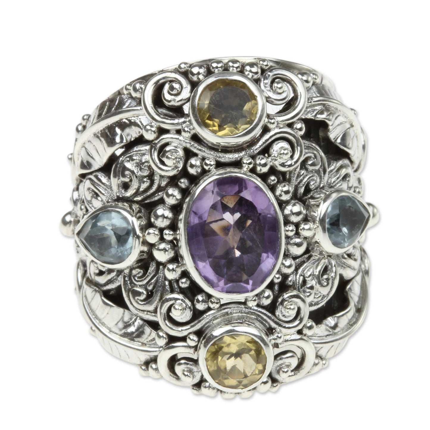 Butterfly Queen Balinese Amethyst and Blue Topaz Silver Cocktail Ring