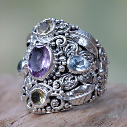 Butterfly Queen Balinese Amethyst and Blue Topaz Silver Cocktail Ring