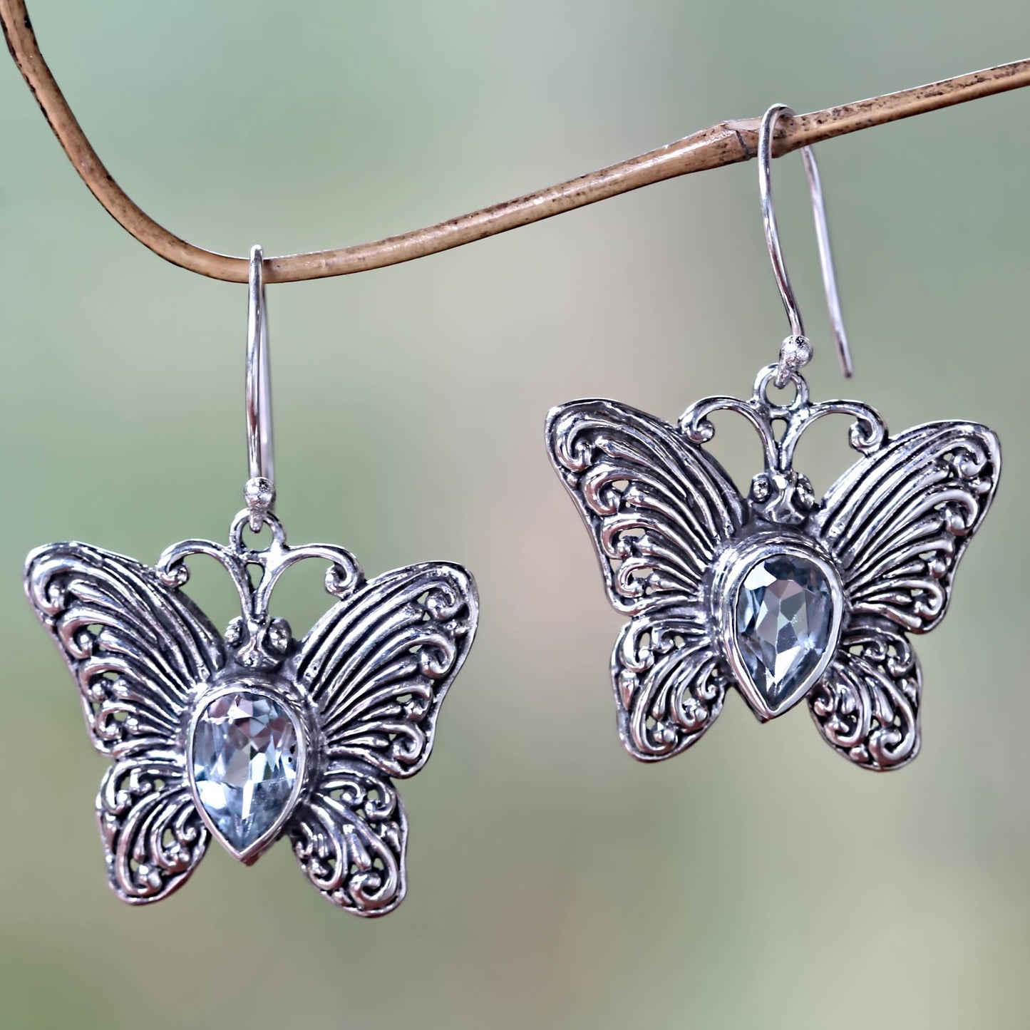 Enchanted Butterfly Handcrafted Indonesian Silver and Blue Topaz Earrings