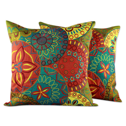 Glorious 2 Orange and Teal Embroidered Applique Cushion Covers