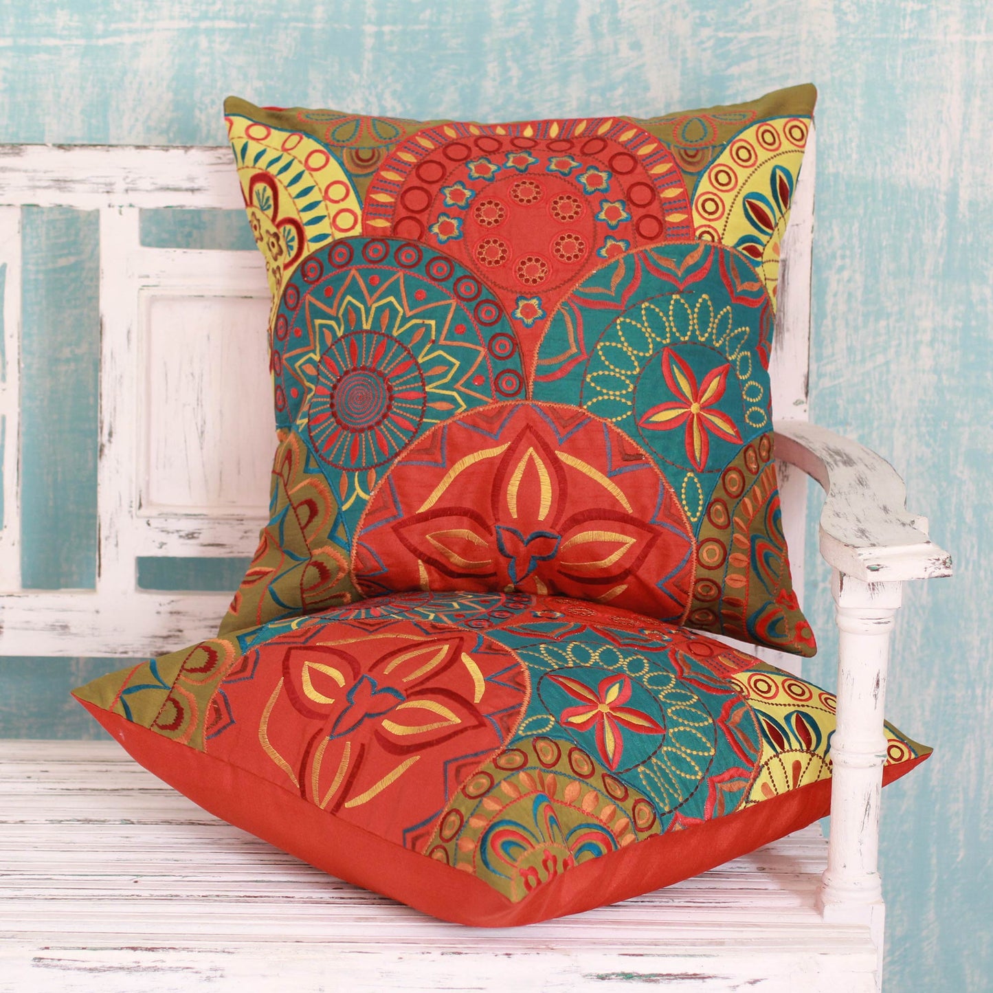Glorious 2 Orange and Teal Embroidered Applique Cushion Covers