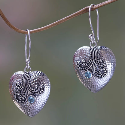 Love's Story Sterling Silver Heart Earrings with Blue Topaz