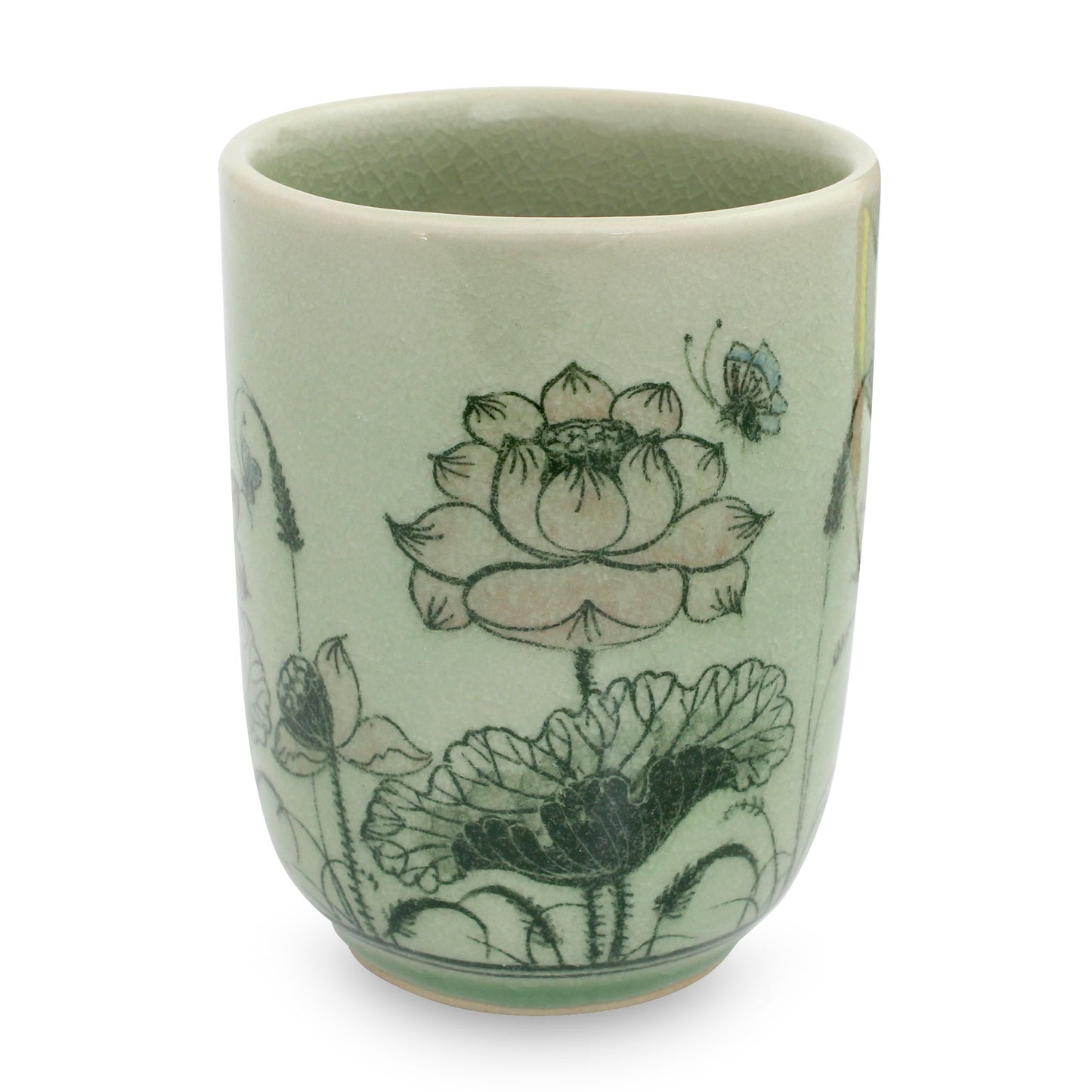 Pink Lotus Butterflies Thai Celadon Handleless Floral Teacup